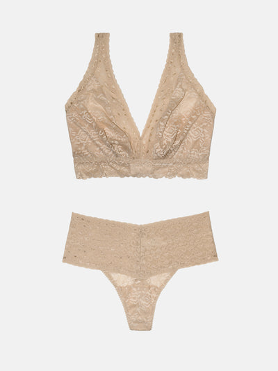 High Waist Thong + Curvy Lace Bralette - Dune