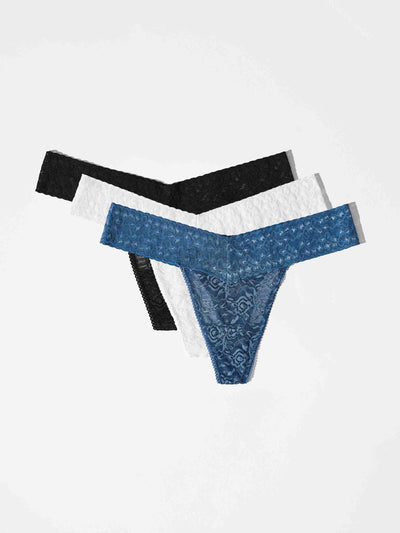 Gift box 3 Pack Lace Thong - Black, White, Blue